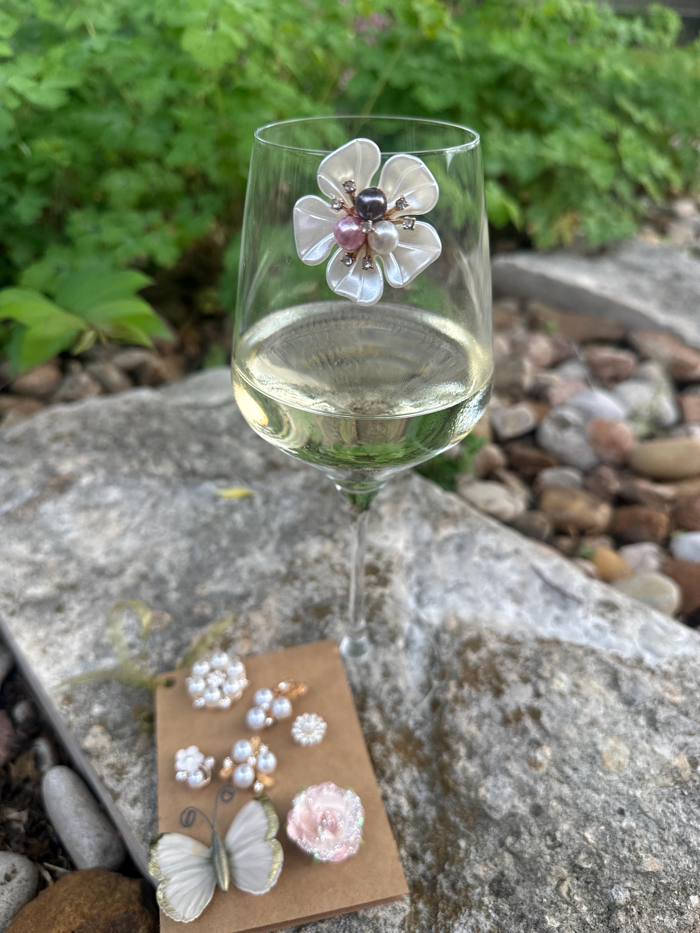 Floral Butterfly Wine Charms, Pearl Embellished Drink Markers, Hostess Gift