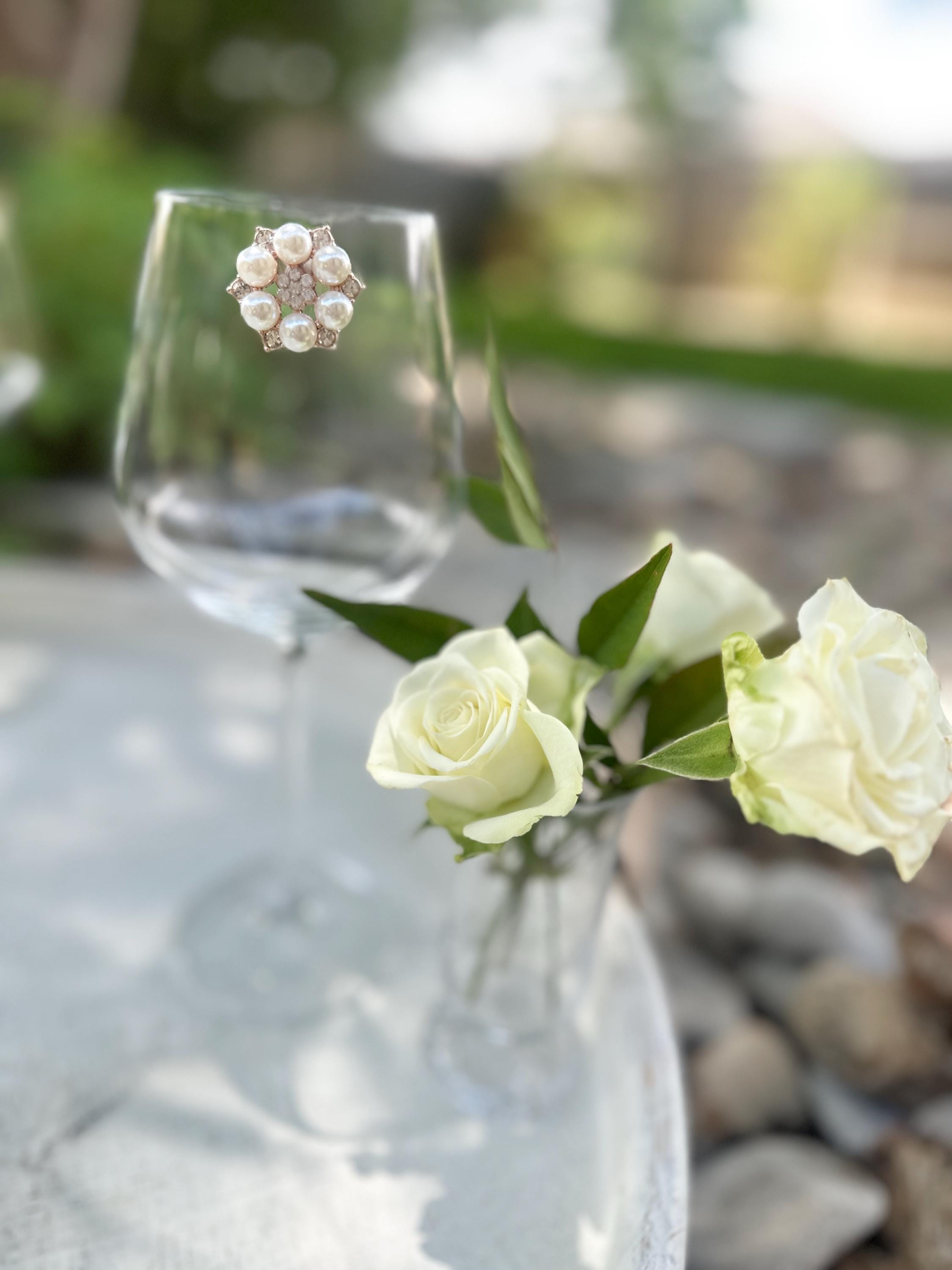 Handcrafted Floral Wine Glass Charms – Rhinestone, Pearl, Crown Accents