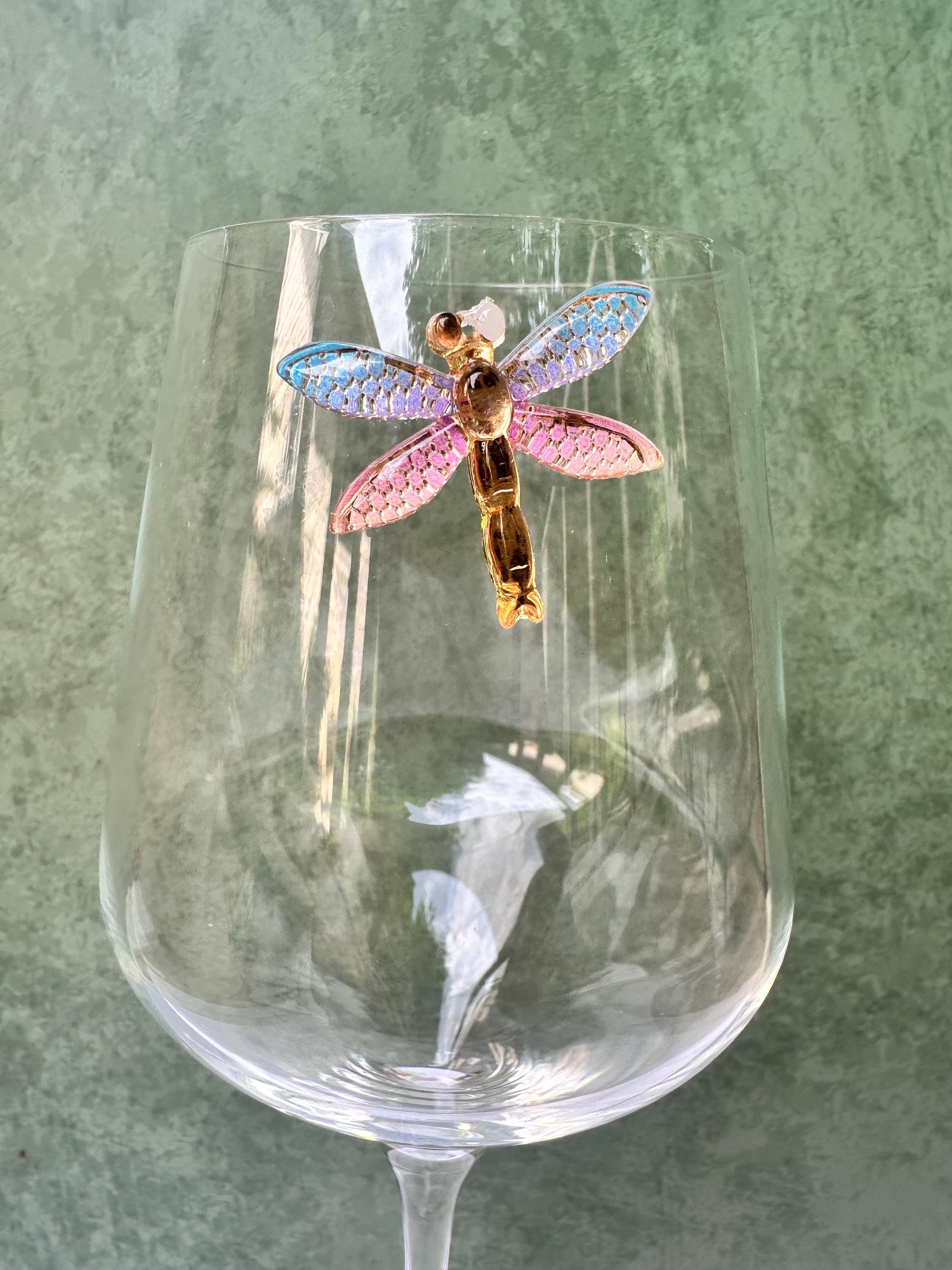 Sparkling Floral Wine Charms, Magnetic Drink Markers, Wedding Favors, Dragonfly Butterfly Set