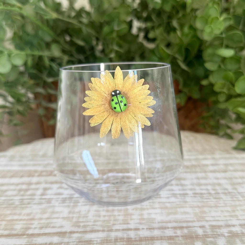 Floral Wine Charms, Sparkling Drink Markers, Wedding Favors, Hostess Gift, Sunflower, Lady Bugs
