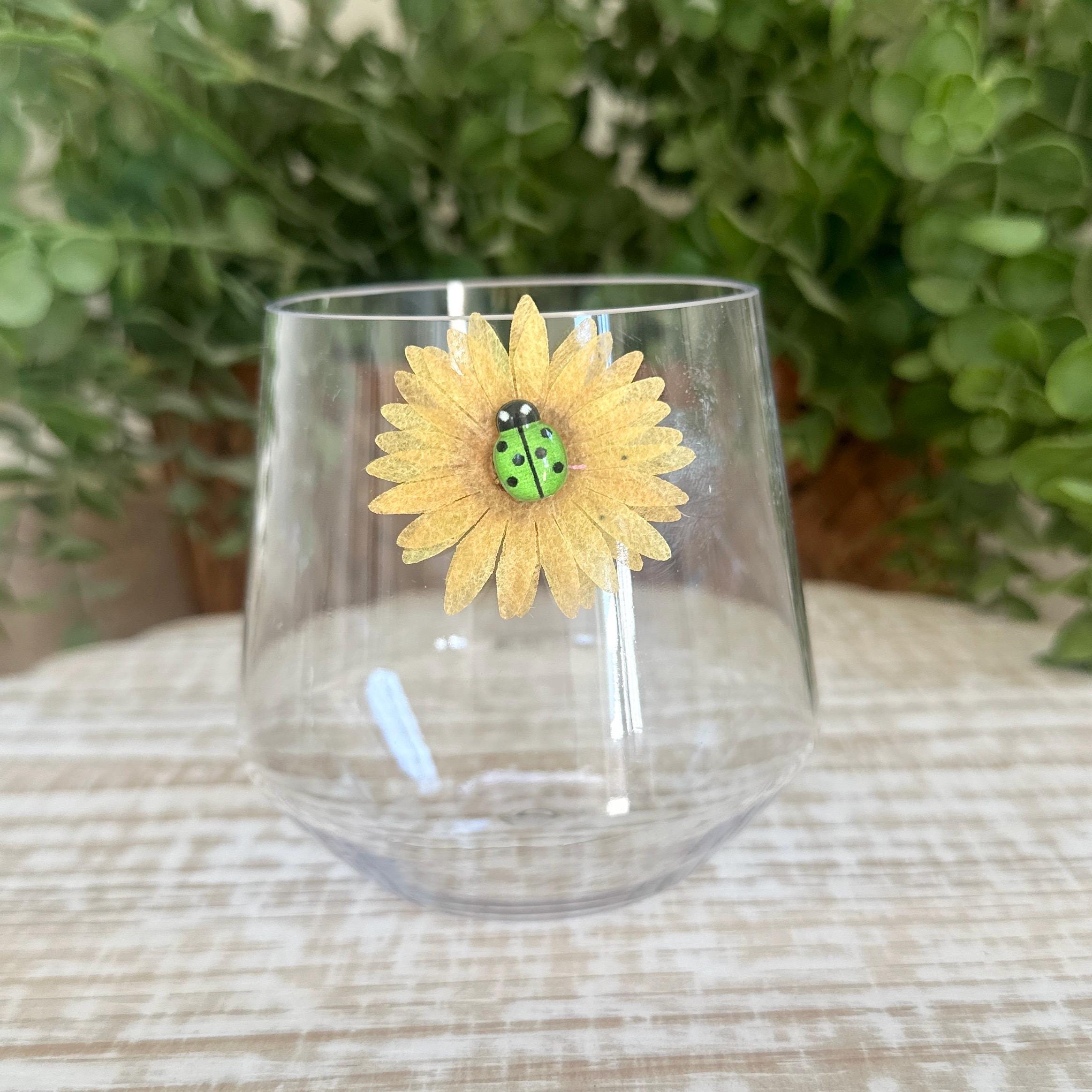 Floral Wine Charms, Sparkling Drink Markers, Wedding Favors, Hostess Gift, Sunflower, Lady Bugs