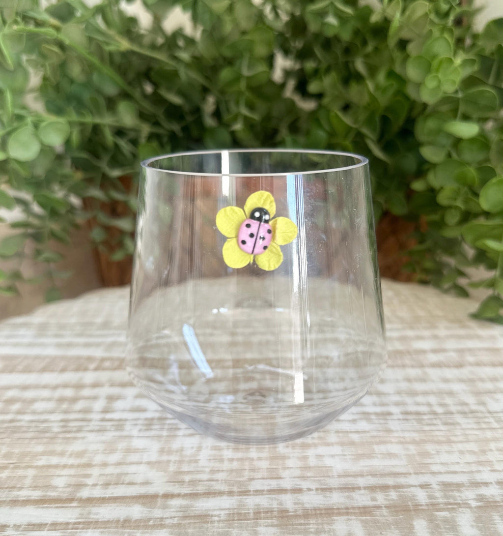Floral Wine Charms, Sparkling Drink Markers, Wedding Favors, Hostess Gift, Sunflower, Lady Bugs
